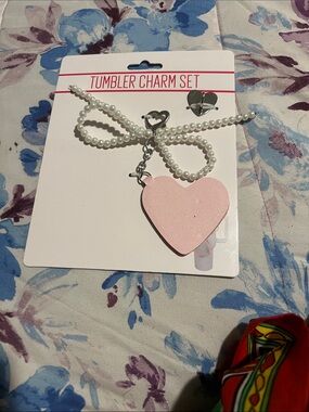 Tumbler Charm Set — Pink Heart Pendant with Pearl Chain